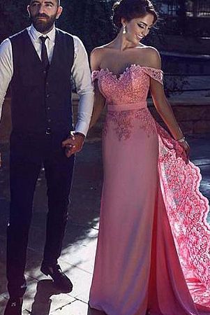 Peach Pink Off Shoulder Prom Dresses with Lace Appliques