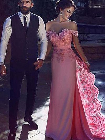 Peach Pink Off Shoulder Prom Dresses with Lace Appliques