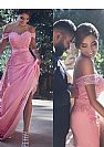 Peach Pink Off Shoulder Prom Dresses with Lace Appliques