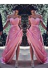 Peach Pink Off Shoulder Prom Dresses with Lace Appliques