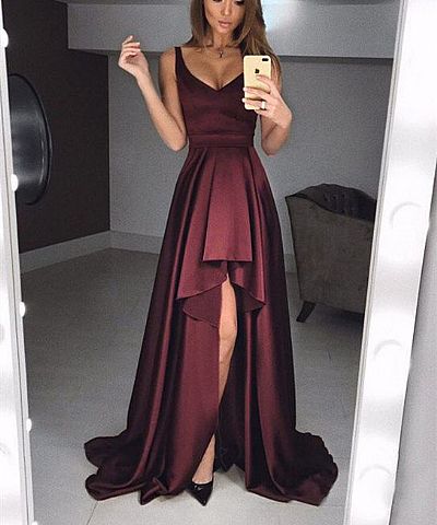 Deep V-Neck Dark Burgundy Hi-low Prom Dresses