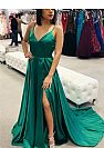 Green V-Neck High Split Evening Dresses with Spaghetti Straps