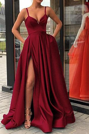 Burgundy Pleated Side Slit Prom Dresses with Pockets