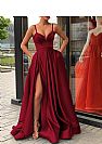 Burgundy Pleated Side Slit Prom Dresses with Pockets