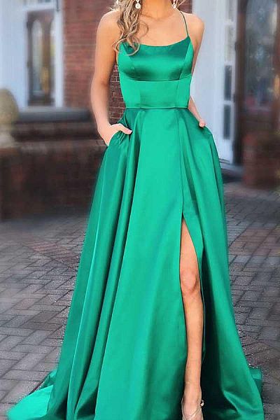 Stunning Green High Slit Prom Dresses with Intricate Straps & Pockets