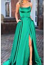 Stunning Green High Slit Prom Dresses with Intricate Straps & Pockets