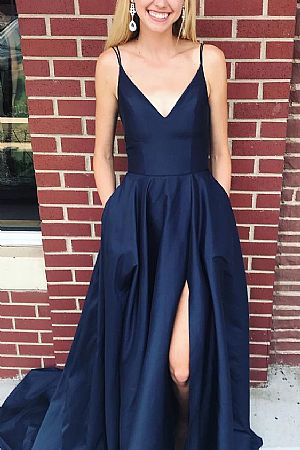 Navy Blue High Split Prom Dresses with Pockets & Spaghetti Straps