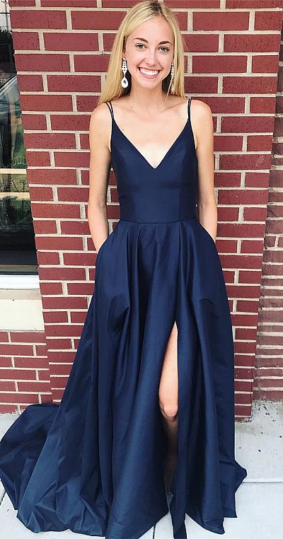 Navy Blue High Split Prom Dresses with Pockets & Spaghetti Straps
