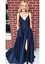 Navy Blue High Split Prom Dresses with Pockets & Spaghetti Straps