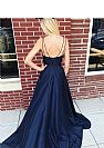 Navy Blue High Split Prom Dresses with Pockets & Spaghetti Straps