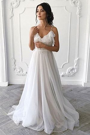 Elegant White Tulle Prom Dresses with Spaghetti Straps