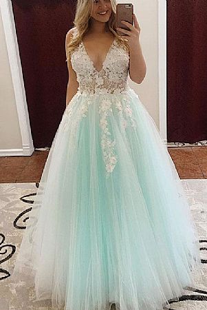 Floral Applique V-Neck White and Mint Tulle Prom Dresses