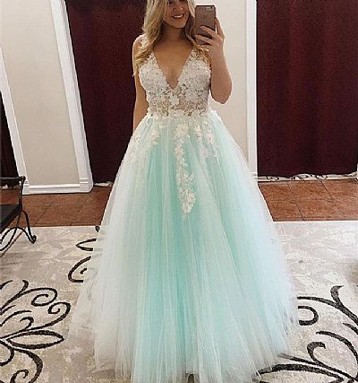 Floral Applique V-Neck White and Mint Tulle Prom Dresses