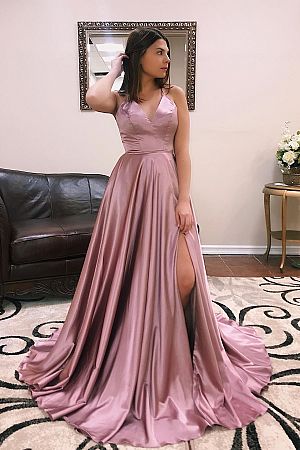 Sexy Mauve High Split Prom Dresses with Intricate Straps