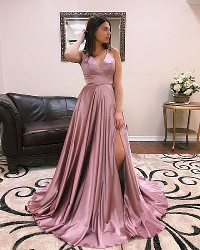 Sexy Mauve High Split Prom Dresses with Intricate Straps