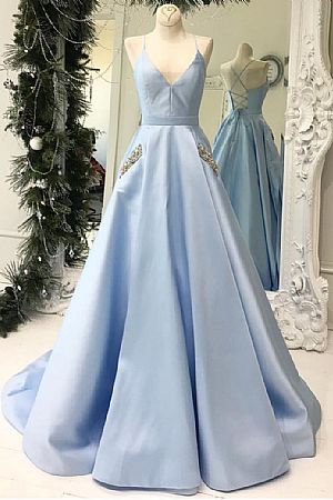 Baby Blue Halter Ball Gown Prom Dresses with Intricate Straps