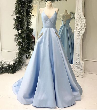 Baby Blue Halter Ball Gown Prom Dresses with Intricate Straps
