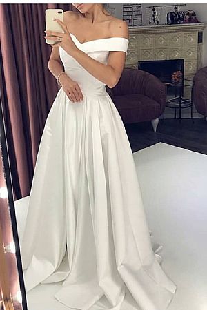 Gorgeous Off Shoulder White Prom Dresses with High Split