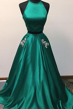 Two Pieces Green Beaded Halter Evening Dresses with Pockets