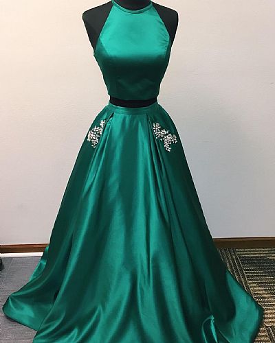 Two Pieces Green Beaded Halter Evening Dresses with Pockets