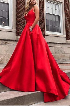 Gorgeous Red V-Neck Ball Gown Prom Dresses with Pockets & Intricate Straps