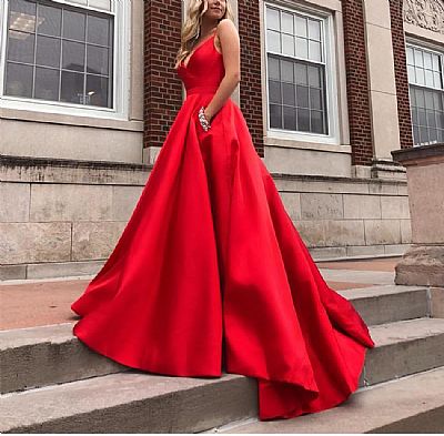 Gorgeous Red V-Neck Ball Gown Prom Dresses with Pockets & Intricate Straps