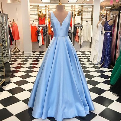 Yellow V-Neck Satin Ball Gown Prom Dresses with Pockets