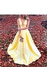 Yellow V-Neck Satin Ball Gown Prom Dresses with Pockets