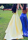 Yellow V-Neck Satin Ball Gown Prom Dresses with Pockets