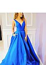 Yellow V-Neck Satin Ball Gown Prom Dresses with Pockets