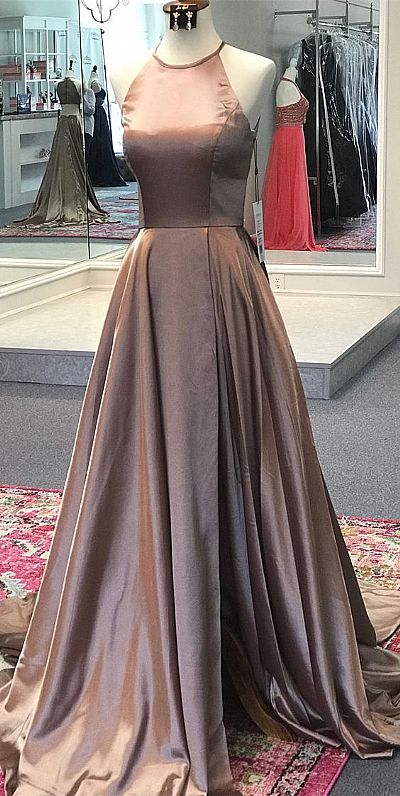 Designer Brown Halter Side Split Evening Dresses