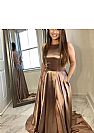 Designer Brown Halter Side Split Evening Dresses