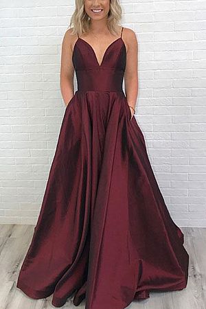 Burgundy Spaghetti Straps V-Neck Prom Dresses with Pockets