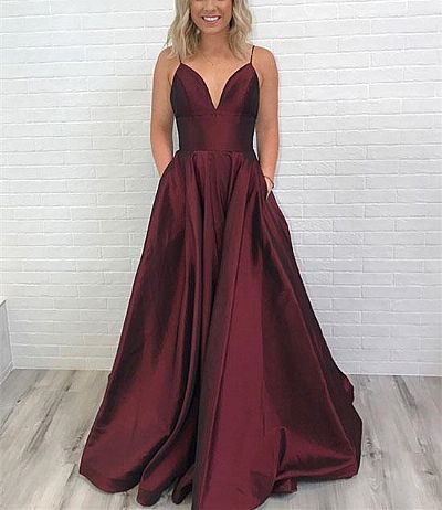 Burgundy Spaghetti Straps V-Neck Prom Dresses with Pockets