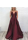 Burgundy Spaghetti Straps V-Neck Prom Dresses with Pockets