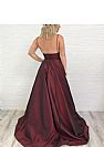 Burgundy Spaghetti Straps V-Neck Prom Dresses with Pockets