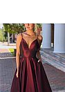 Burgundy Spaghetti Straps V-Neck Prom Dresses with Pockets