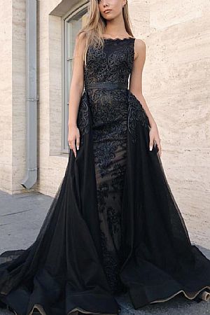 Designer Black Lace Applique Evening Dresses with Removable Train