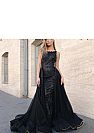 Designer Black Lace Applique Evening Dresses with Removable Train