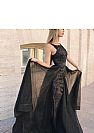 Designer Black Lace Applique Evening Dresses with Removable Train