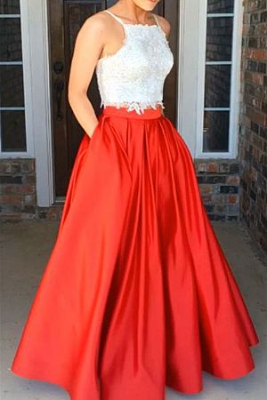 Two Pieces White and Red Evening Dresses with Pockets