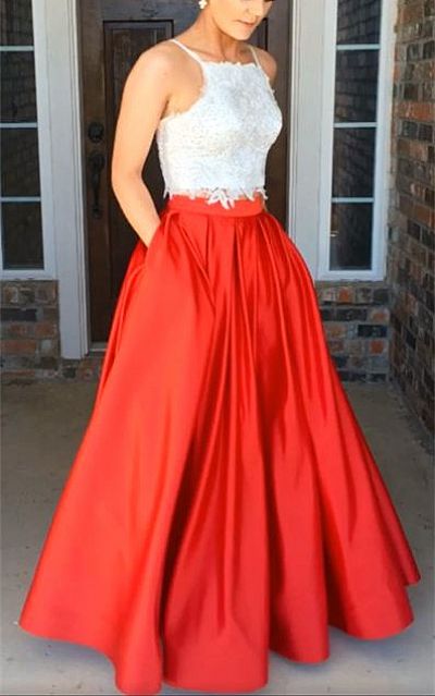 Two Pieces White and Red Evening Dresses with Pockets