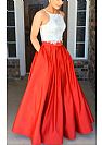 Two Pieces White and Red Evening Dresses with Pockets