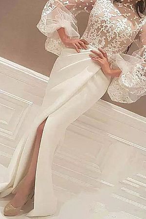 Side Split Prom Dress with Puffy Long Sleeves