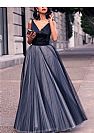 Navy Blue V-Neck Tulle Ball Gown Evening Dresses