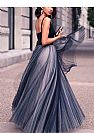 Navy Blue V-Neck Tulle Ball Gown Evening Dresses