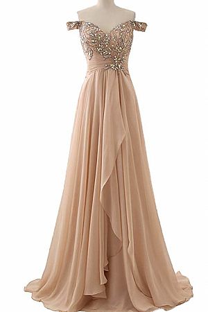 Off Shoulder Pleated Champagne Chiffon Evening Dresses with Beadings