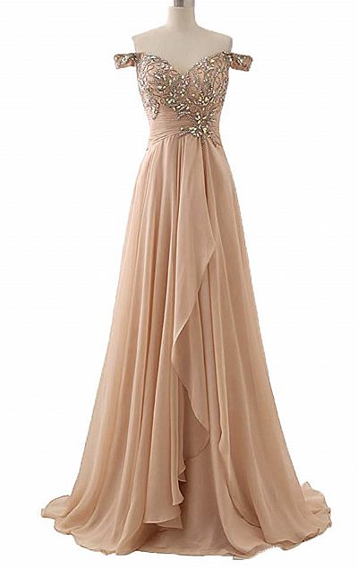 Off Shoulder Pleated Champagne Chiffon Evening Dresses with Beadings