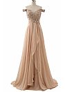 Off Shoulder Pleated Champagne Chiffon Evening Dresses with Beadings