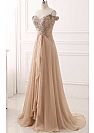 Off Shoulder Pleated Champagne Chiffon Evening Dresses with Beadings